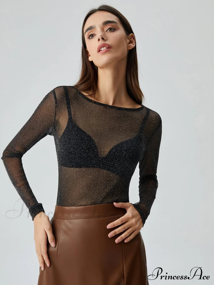 Crew Neck Sequined Trendy Long Sleeve Mesh Shirt image 4