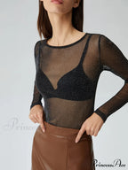 Crew Neck Sequined Trendy Long Sleeve Mesh Shirt image 2