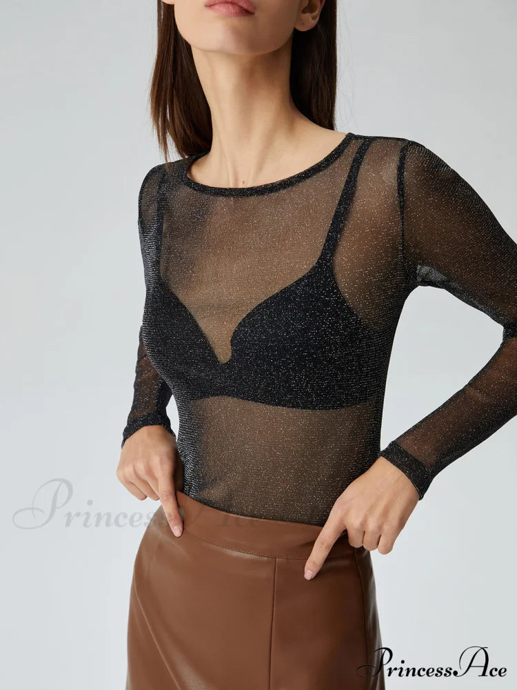 Crew Neck Sequined Trendy Long Sleeve Mesh Shirt image 2