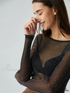 Crew Neck Sequined Trendy Long Sleeve Mesh Shirt image 5