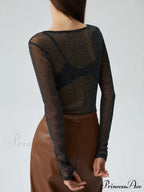 Crew Neck Sequined Trendy Long Sleeve Mesh Shirt image 6