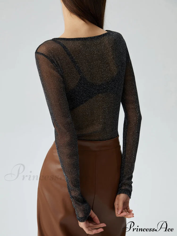 Crew Neck Sequined Trendy Long Sleeve Mesh Shirt image 6