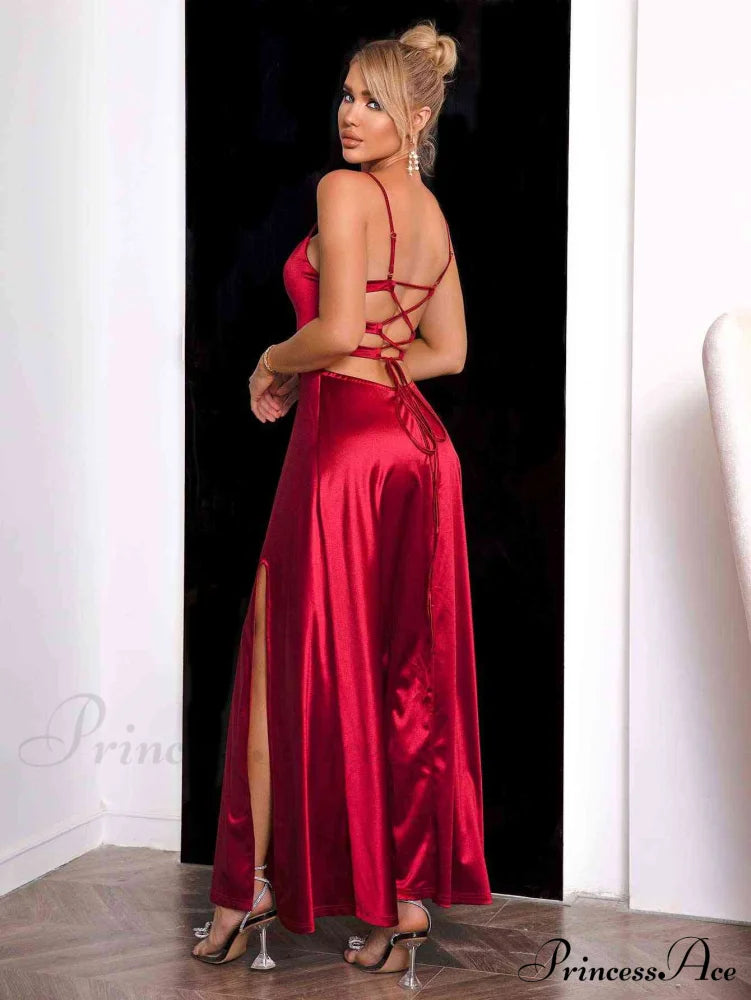 Crimson Elegance Stylish Satin Maxi Dress image 2