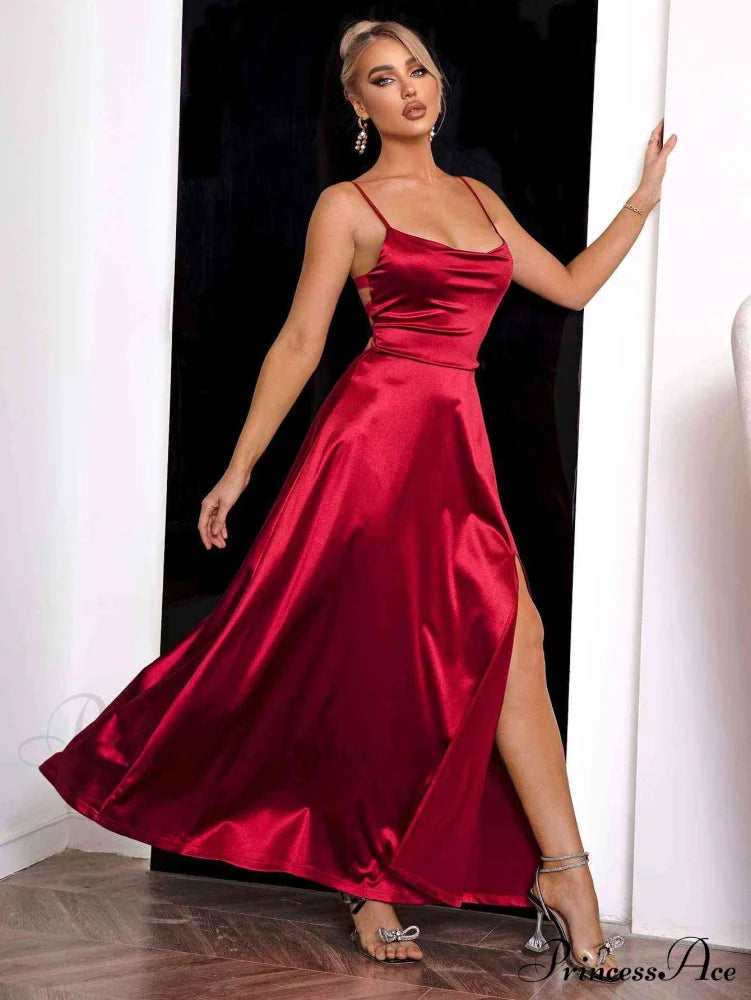 Crimson Elegance Stylish Satin Maxi Dress image 3