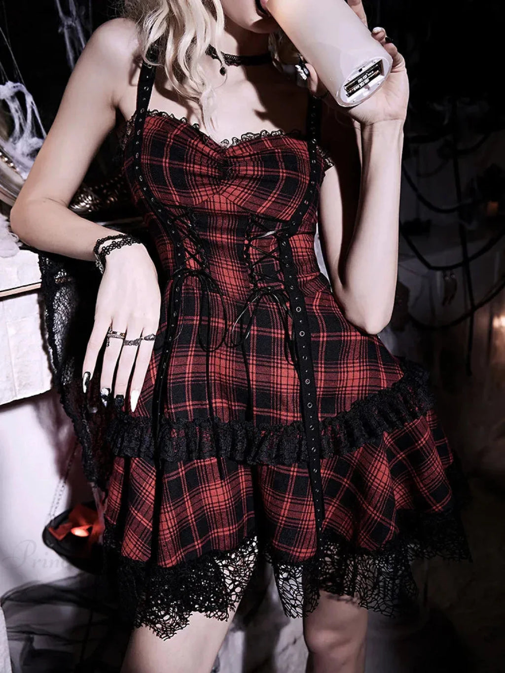 Crimson Tartan Halter Short Dress image 4