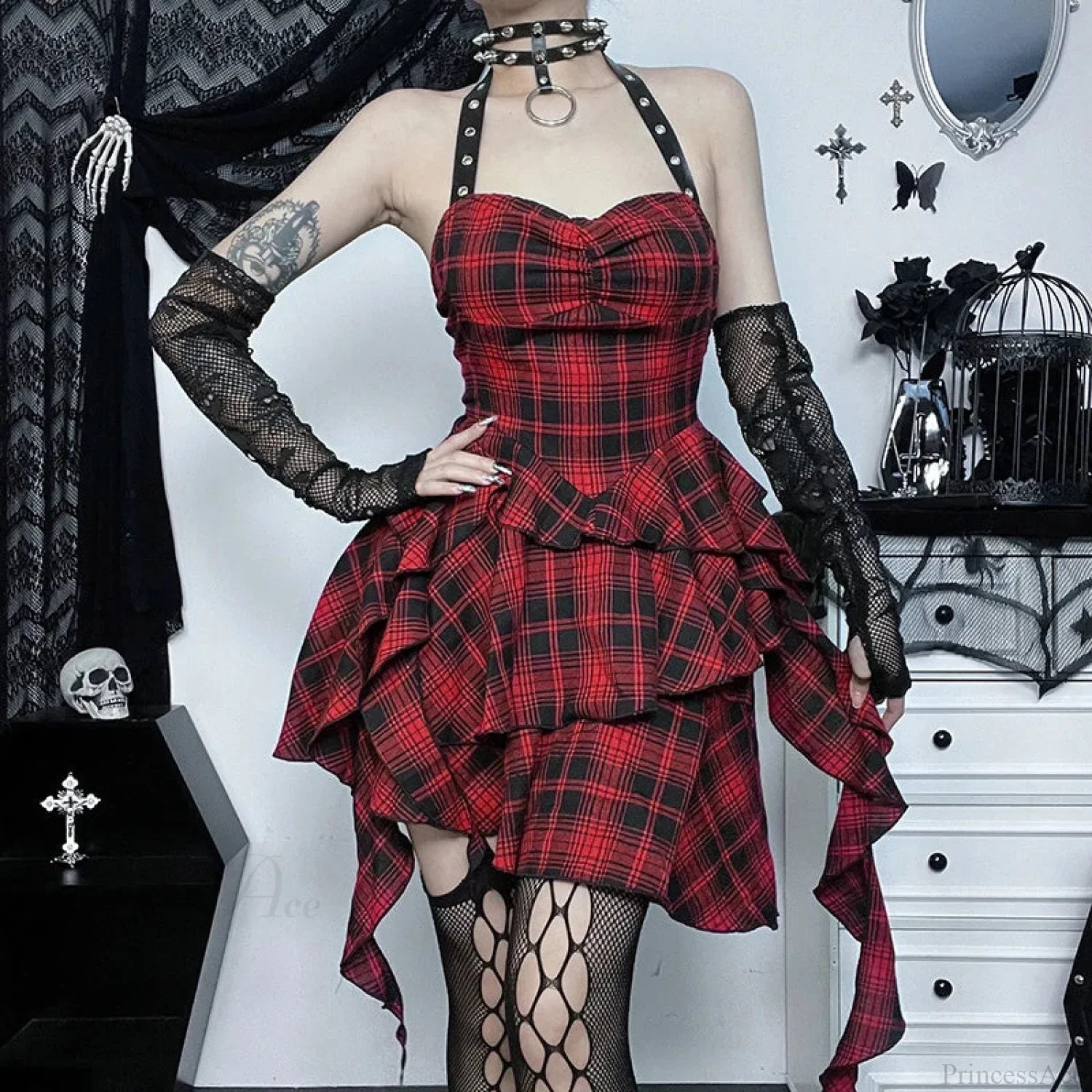 Crimson Tartan Halter Short Dress image 2