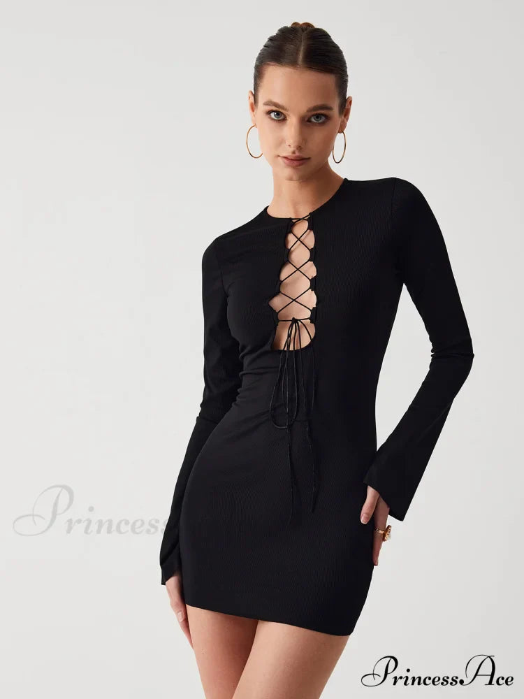 Criss Cross Long Trendy Sleeve Short Dress image 1
