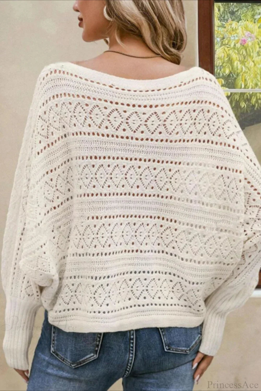 Crochet Openwork Batwing Off-the-Shoulder Pullover Blouse image 3