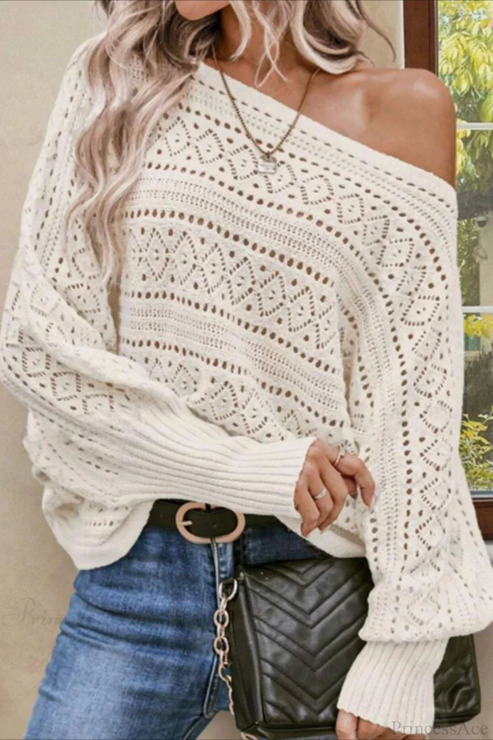 Crochet Openwork Batwing Off-the-Shoulder Pullover Blouse image 4