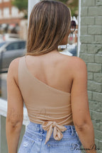 Crop Khaki One Tie Shoulder Side Top image 2