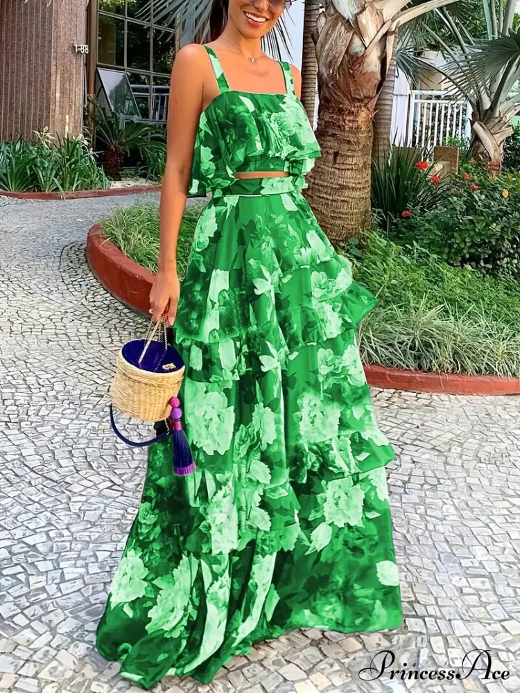 Crop Ruffles Flowered Skirt Two-Piece Tank Design Set image 7