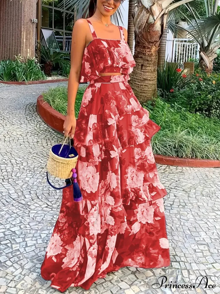 Crop Ruffles Flowered Skirt Two-Piece Tank Design Set image 2