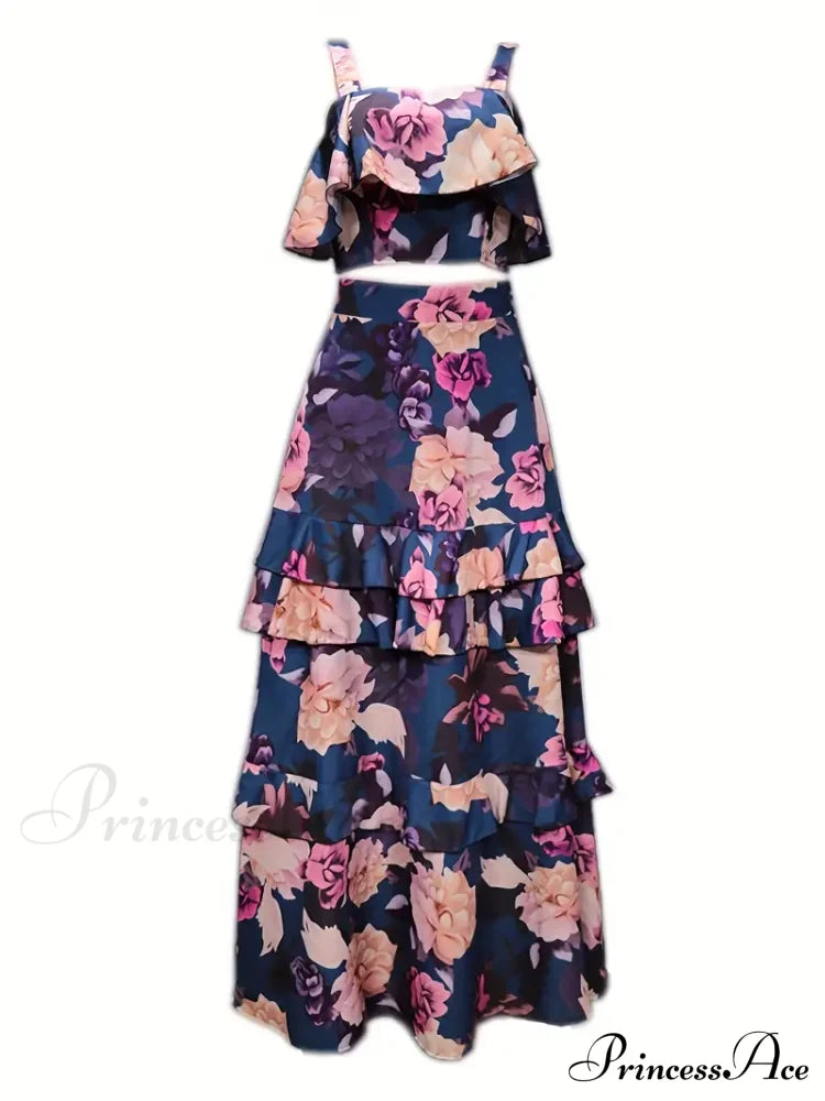 Crop Ruffles Flowered Skirt Two-Piece Tank Design Set image 3