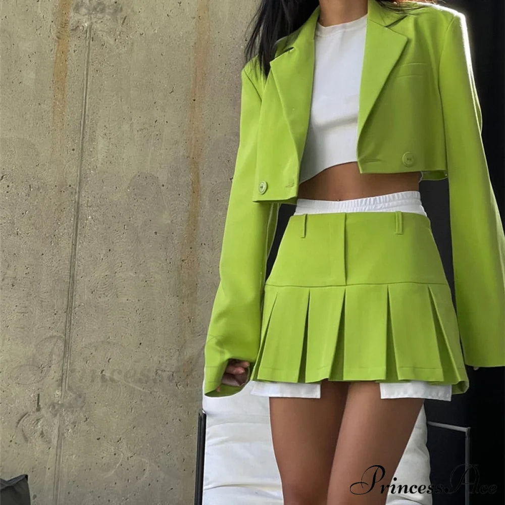 Cropped Blazer And Charming Pleated Mini Skirt Set image 39
