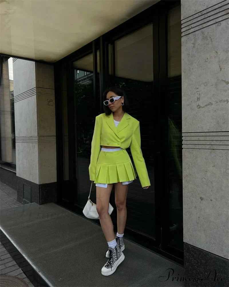 Cropped Blazer And Charming Pleated Mini Skirt Set image 41