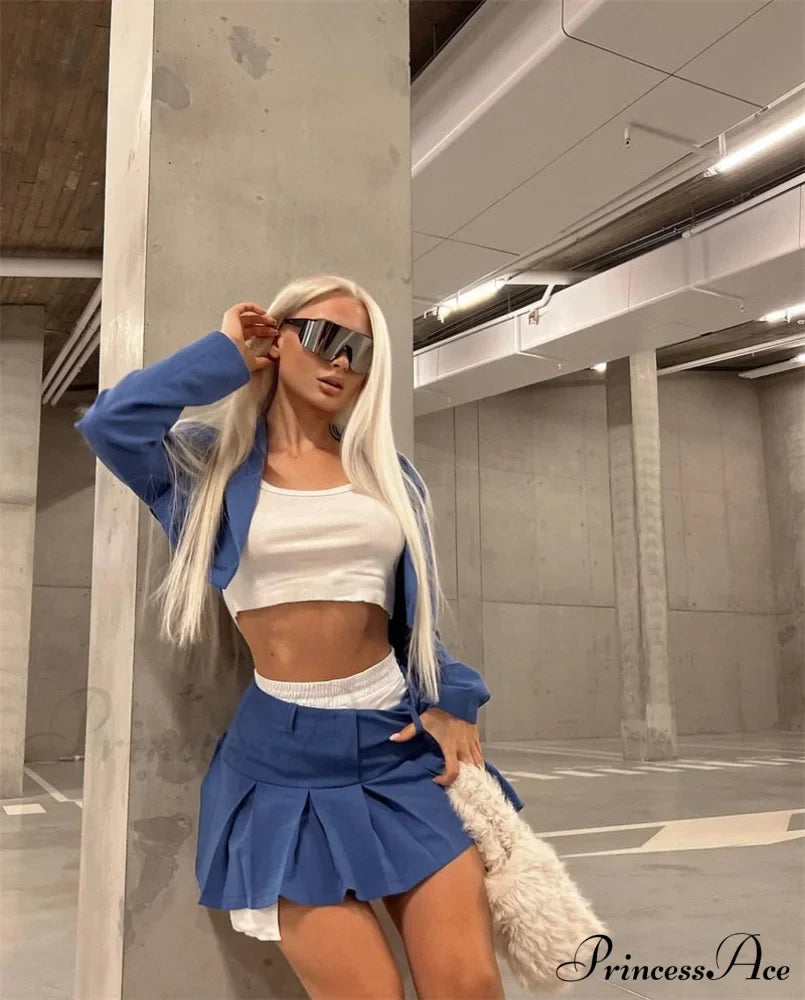 Cropped Blazer And Charming Pleated Mini Skirt Set image 27