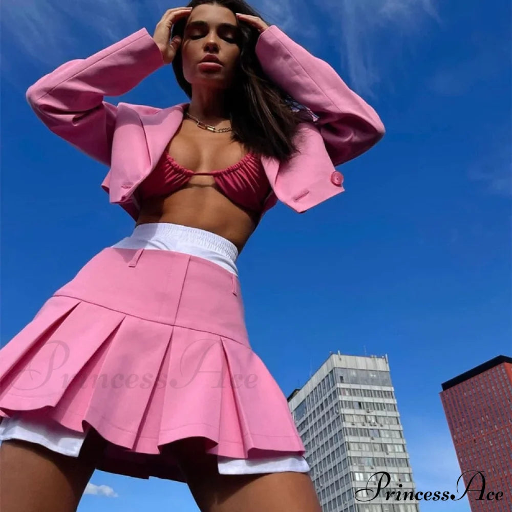 Cropped Blazer And Charming Pleated Mini Skirt Set image 49