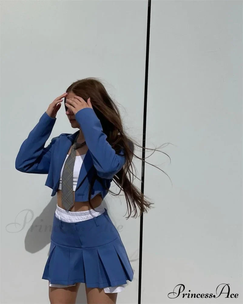 Cropped Blazer And Charming Pleated Mini Skirt Set image 36