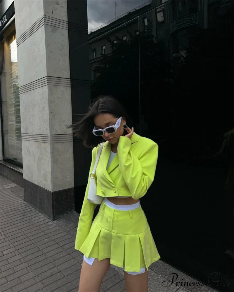 Cropped Blazer And Charming Pleated Mini Skirt Set image 42
