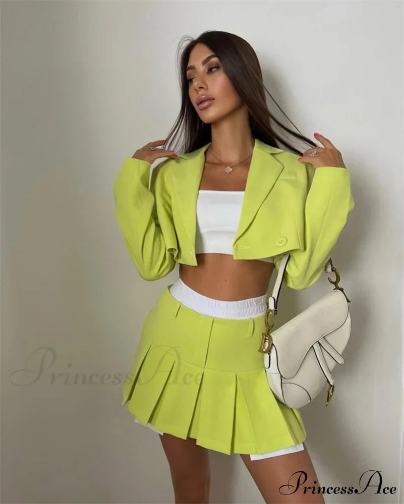 Cropped Blazer And Charming Pleated Mini Skirt Set image 47