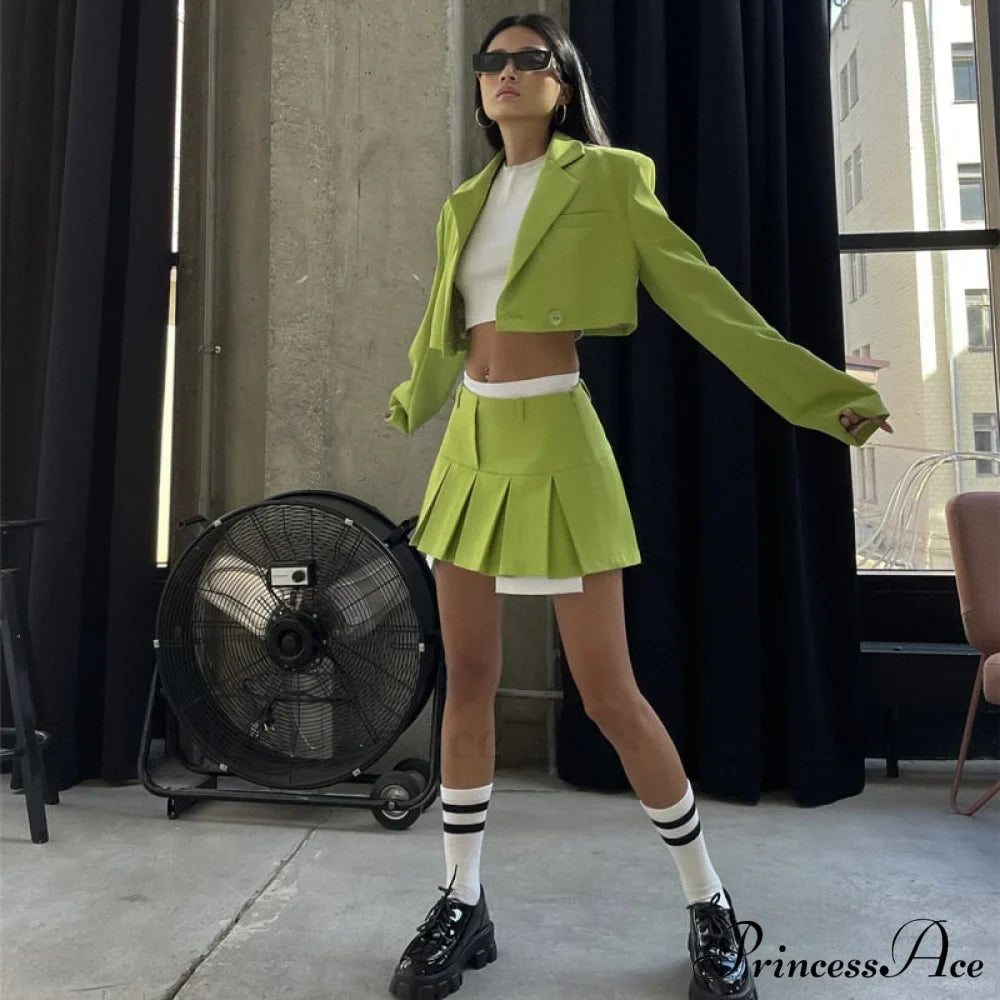Cropped Blazer And Charming Pleated Mini Skirt Set image 50