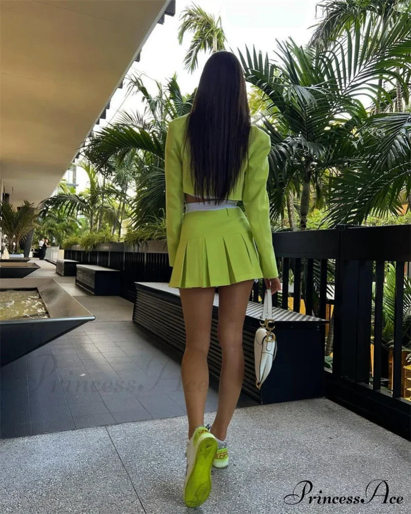 Cropped Blazer And Charming Pleated Mini Skirt Set image 46