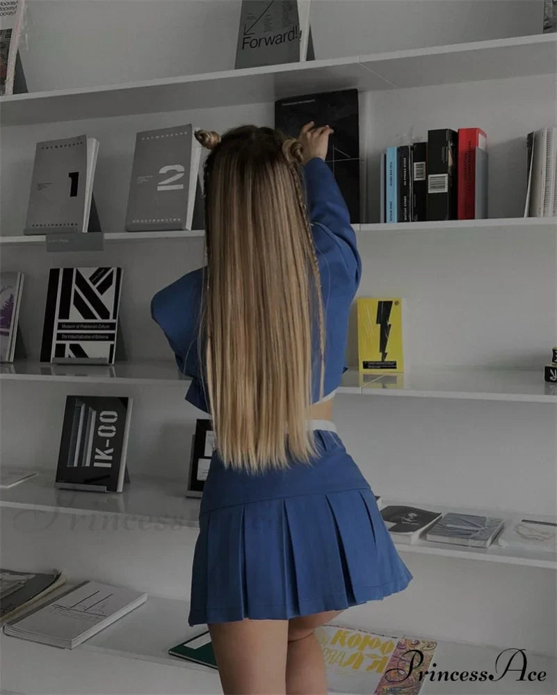 Cropped Blazer And Charming Pleated Mini Skirt Set image 23
