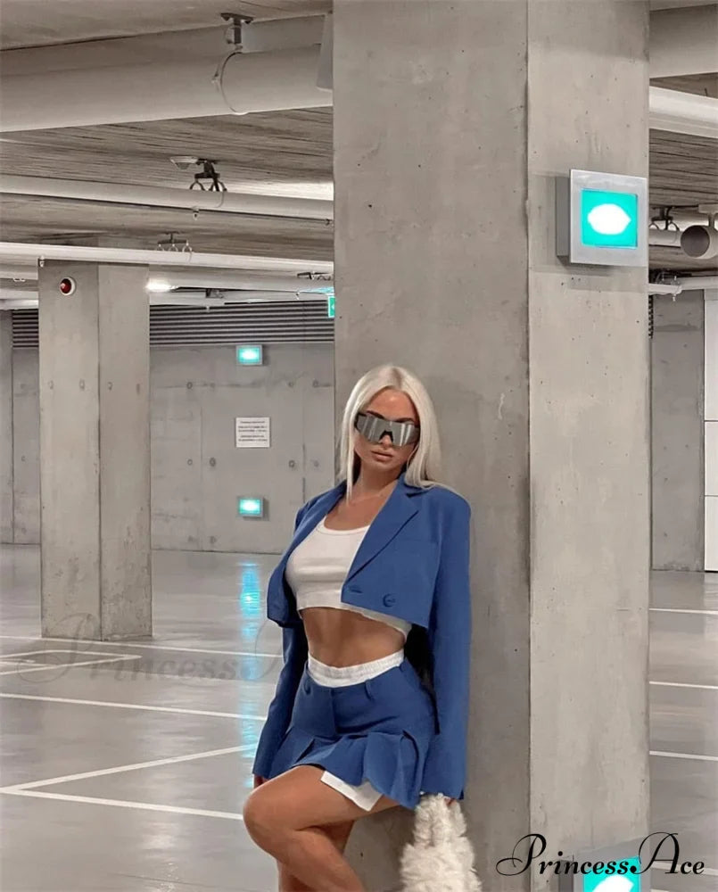 Cropped Blazer And Charming Pleated Mini Skirt Set image 26