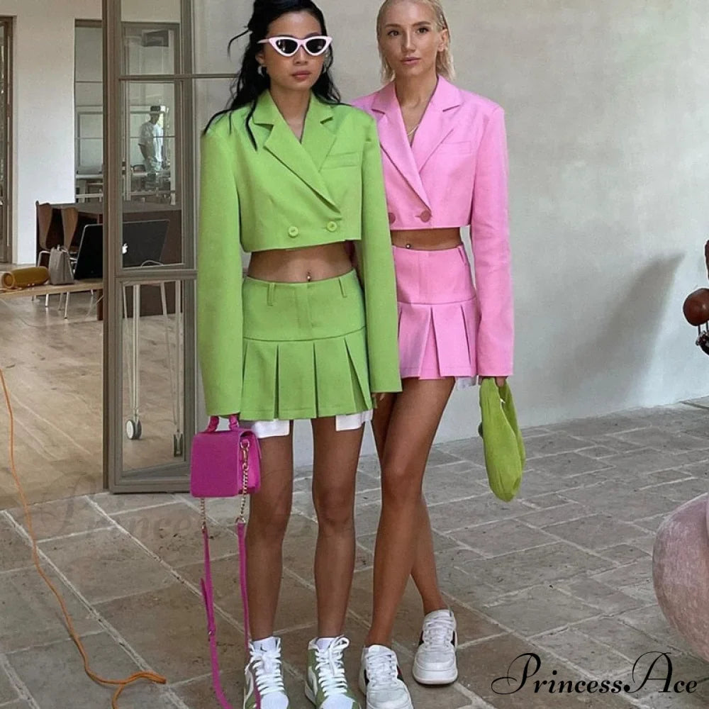 Cropped Blazer And Charming Pleated Mini Skirt Set image 51