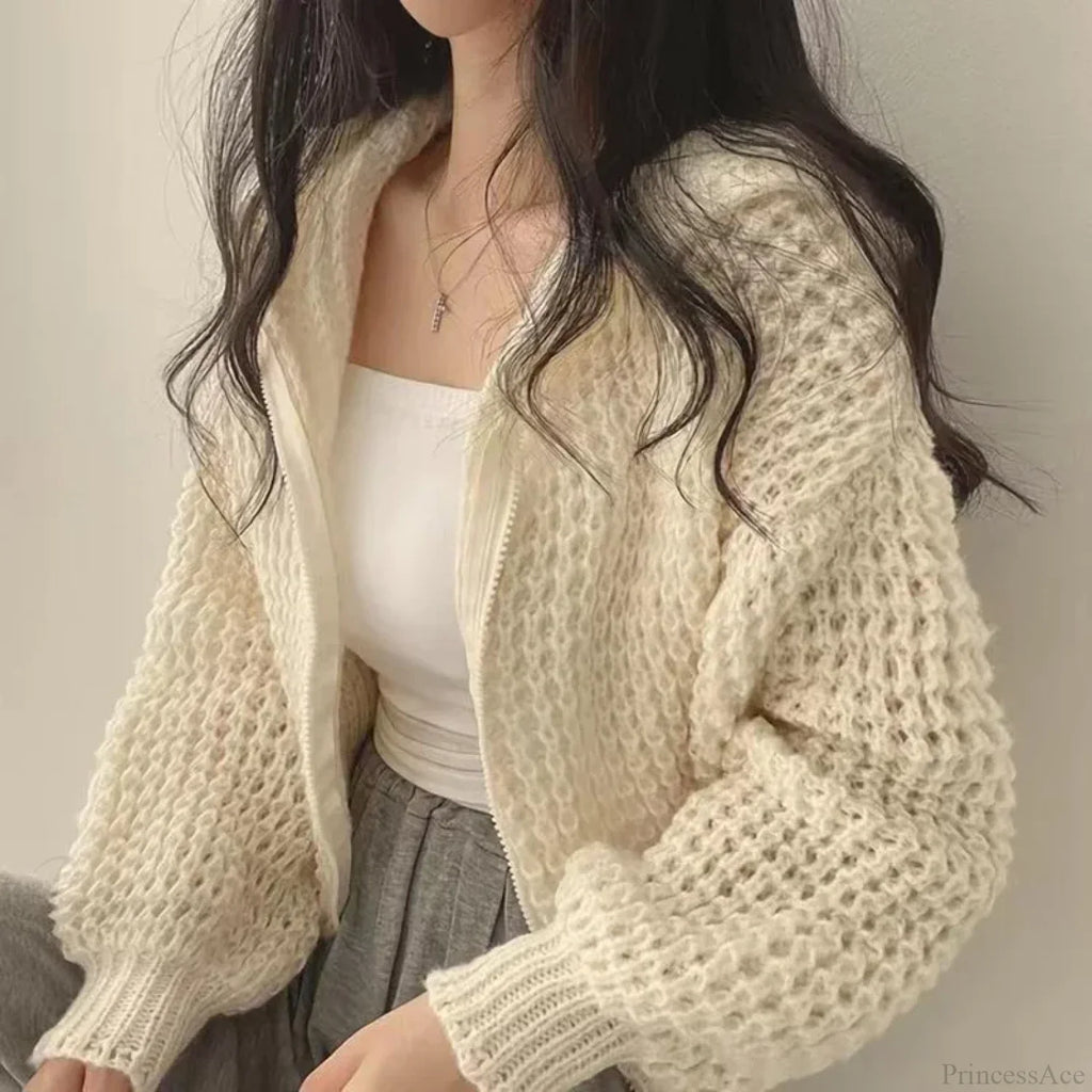 Cropped Hooded Hollow Out Knit Cardigan image 2