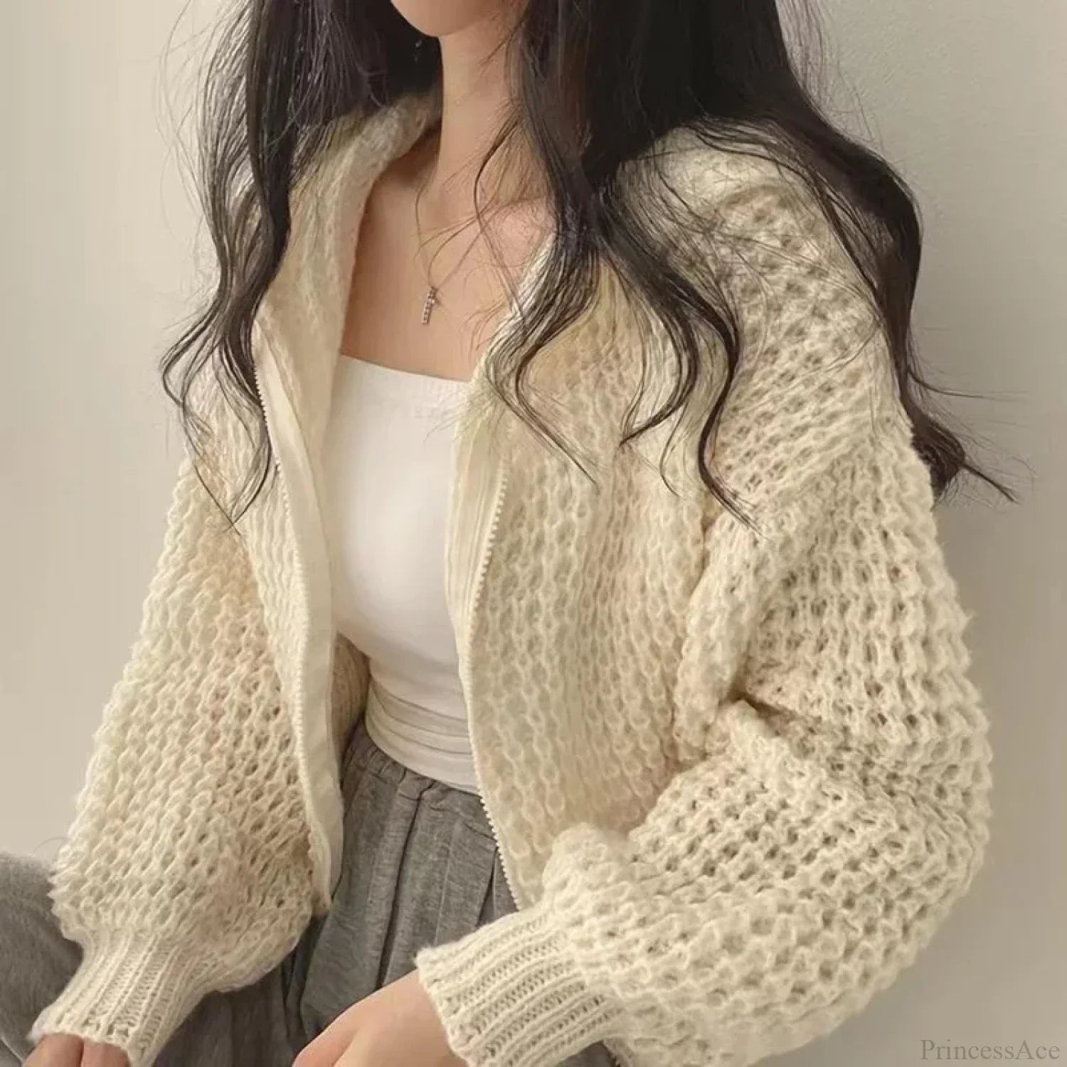 Cropped Hooded Hollow Out Knit Cardigan image 2