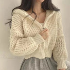 Cropped Hooded Hollow Out Knit Cardigan image 1