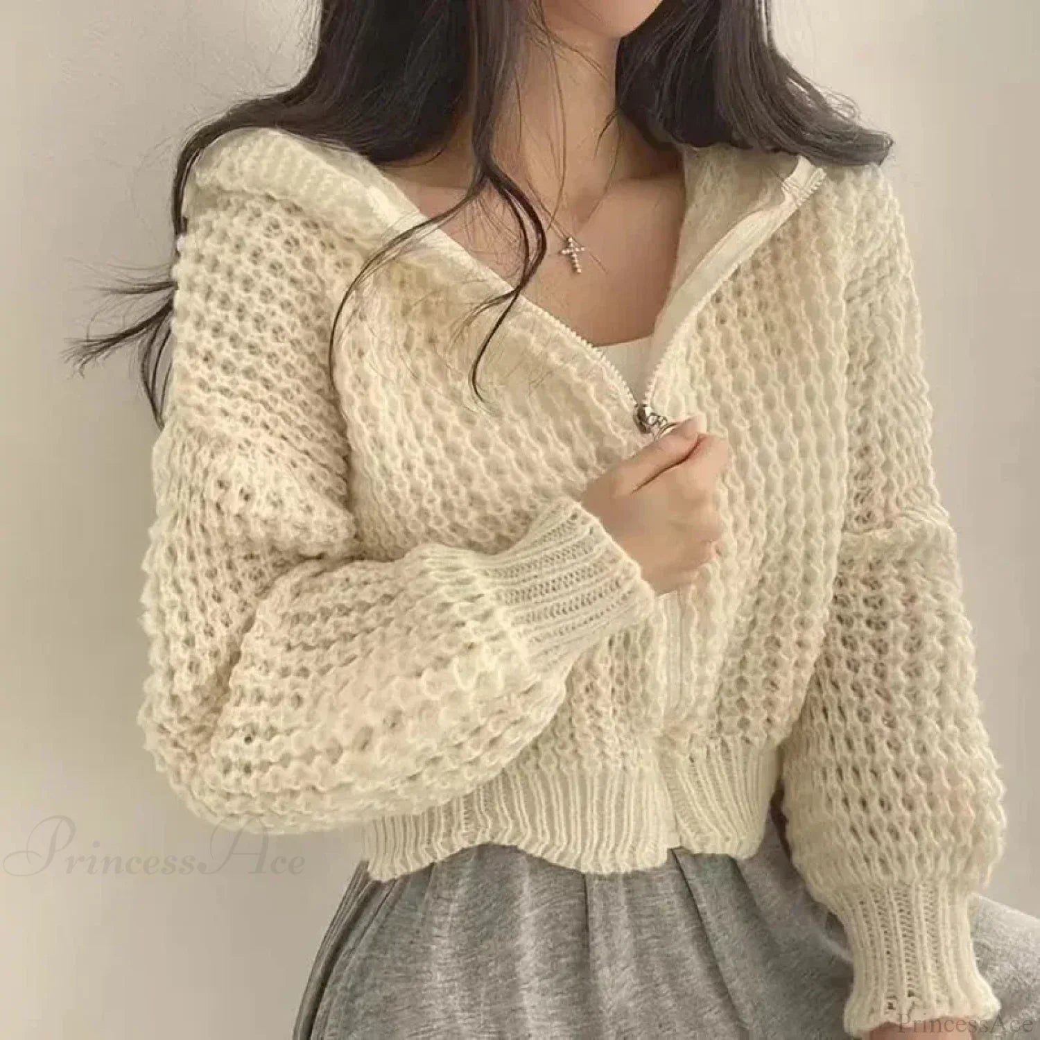 Cropped Hooded Hollow Out Knit Cardigan image 1