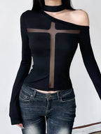 Cross Mesh Patchwork Knit Top image 1