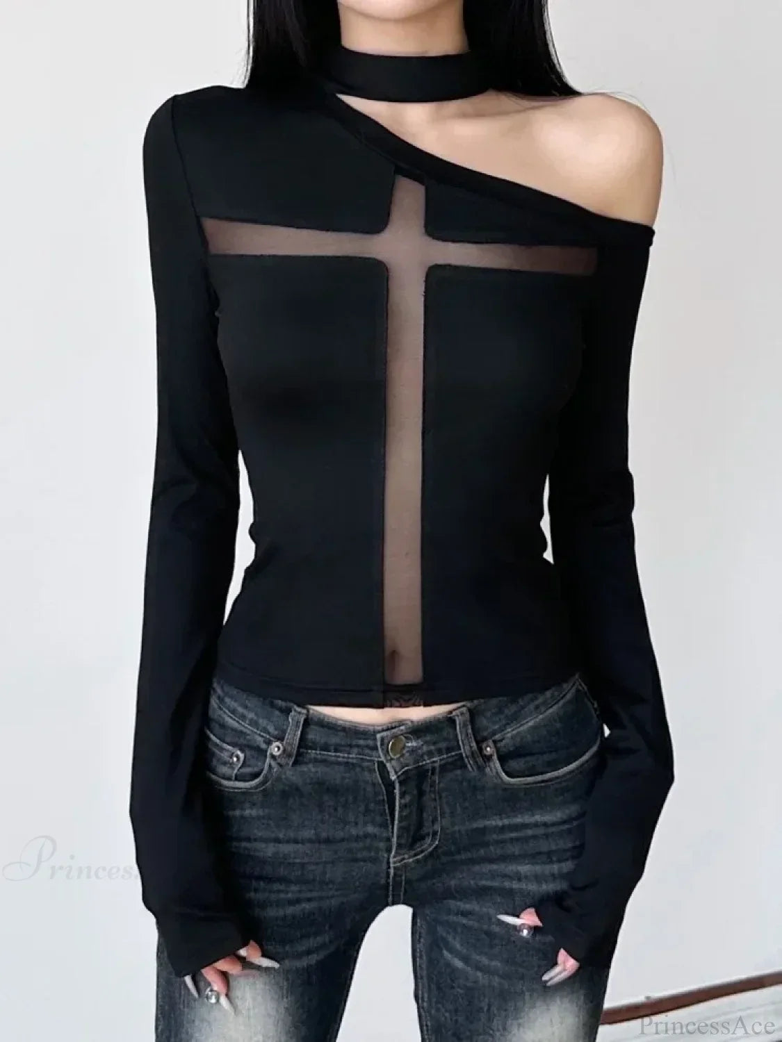 Cross Mesh Patchwork Knit Top image 2