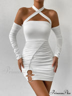 Cross Neck Hanging Bodycon Mini Off Shoulder Long Sleeve Hollow Out Back Pleated Wrapped Hip Skirt Cut Out Dress image 3