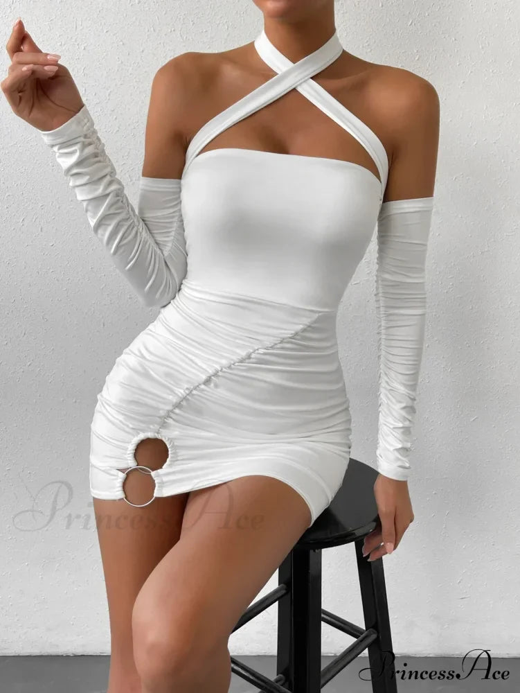 Cross Neck Hanging Bodycon Mini Off Shoulder Long Sleeve Hollow Out Back Pleated Wrapped Hip Skirt Cut Out Dress image 6