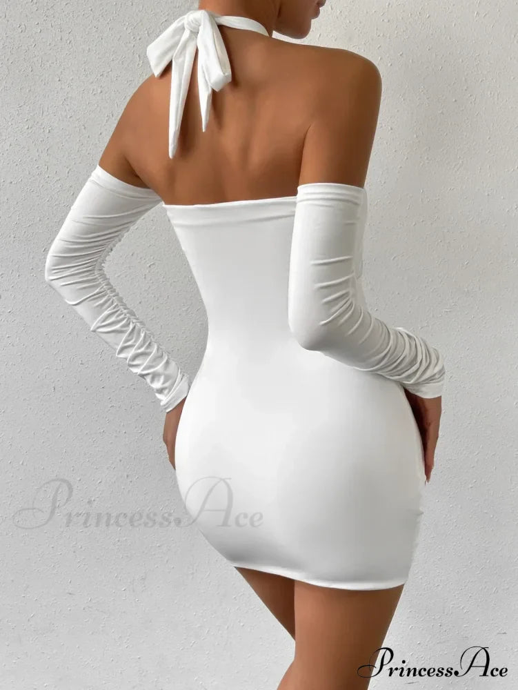 Cross Neck Hanging Bodycon Mini Off Shoulder Long Sleeve Hollow Out Back Pleated Wrapped Hip Skirt Cut Out Dress image 2