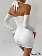 Cross Neck Hanging Bodycon Mini Off Shoulder Long Sleeve Hollow Out Back Pleated Wrapped Hip Skirt Cut Out Dress image 2