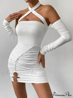 Cross Neck Hanging Bodycon Mini Off Shoulder Long Sleeve Hollow Out Back Pleated Wrapped Hip Skirt Cut Out Dress image 1