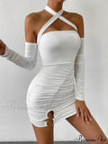 Cross Neck Hanging Bodycon Mini Off Shoulder Long Sleeve Hollow Out Back Pleated Wrapped Hip Skirt Cut Out Dress image 5