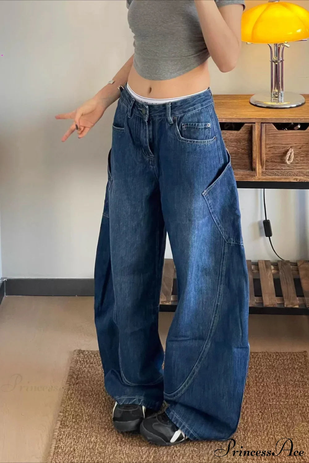 Curved Denim High Waist Loose Cargo Pants image 4