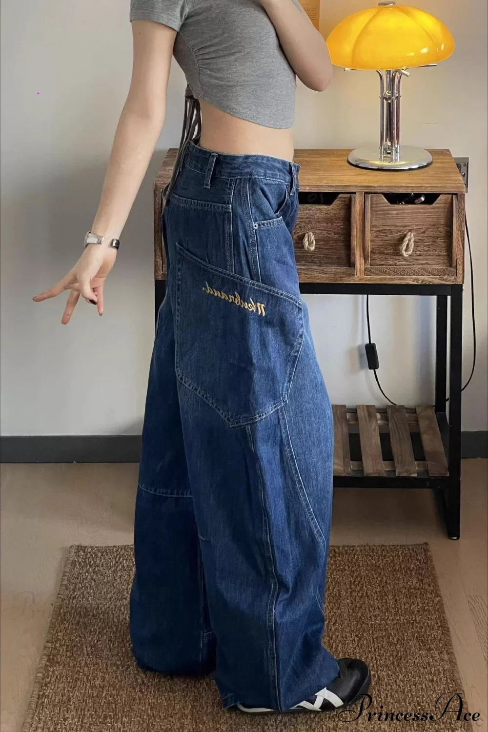 Curved Denim High Waist Loose Cargo Pants image 2