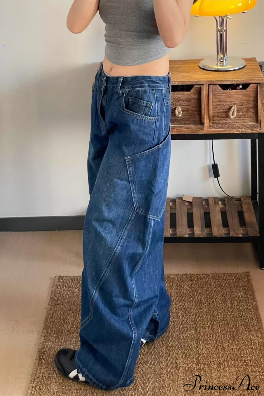 Curved Denim High Waist Loose Cargo Pants image 3