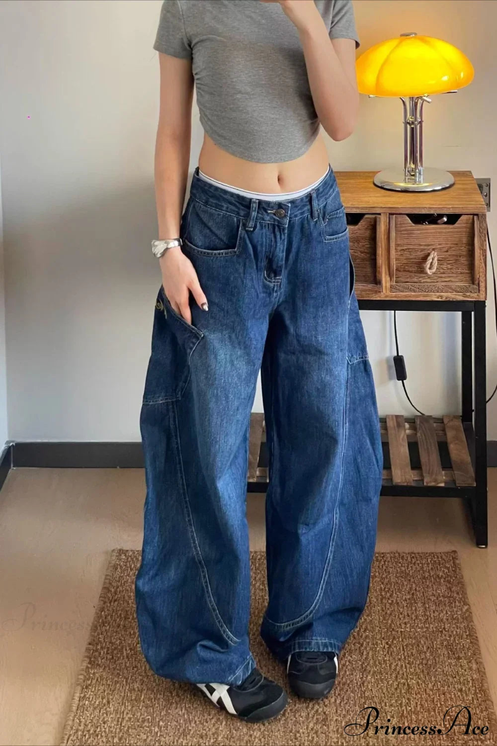 Curved Denim High Waist Loose Cargo Pants image 1