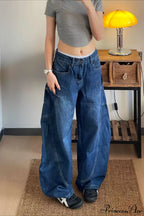 Curved Denim High Waist Loose Cargo Pants image 1