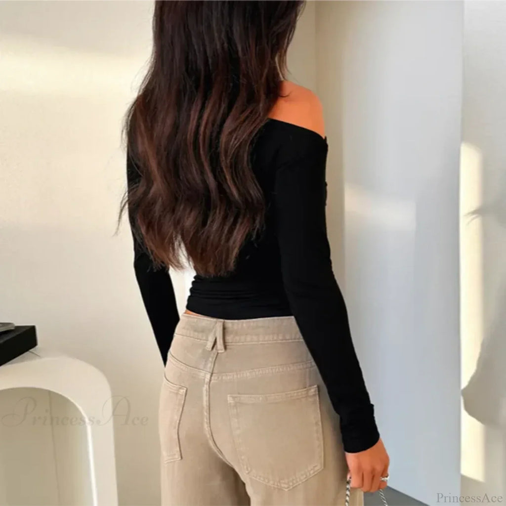 Custom Design Casual Boat Neck Off Shoulder Slim Crop Knit Top image 2