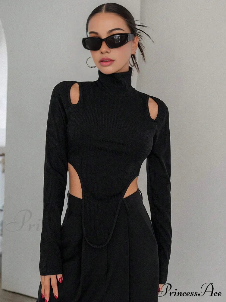 Cut Out High Trendy Neck Asymmetric Hem Top image 3