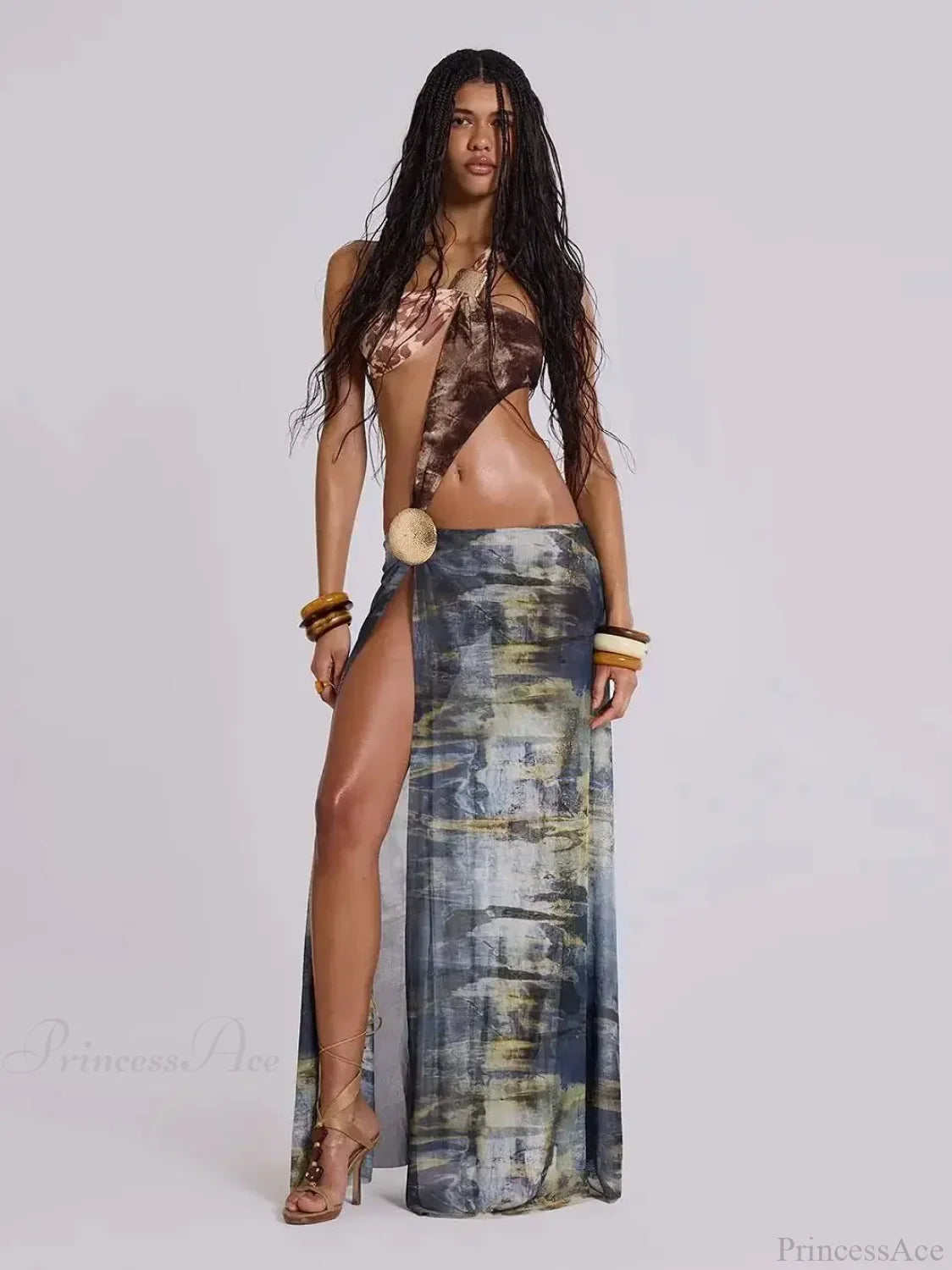 Cut Out Mesh Print Long Bikini Set image 1