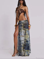 Cut Out Mesh Print Long Bikini Set image 3